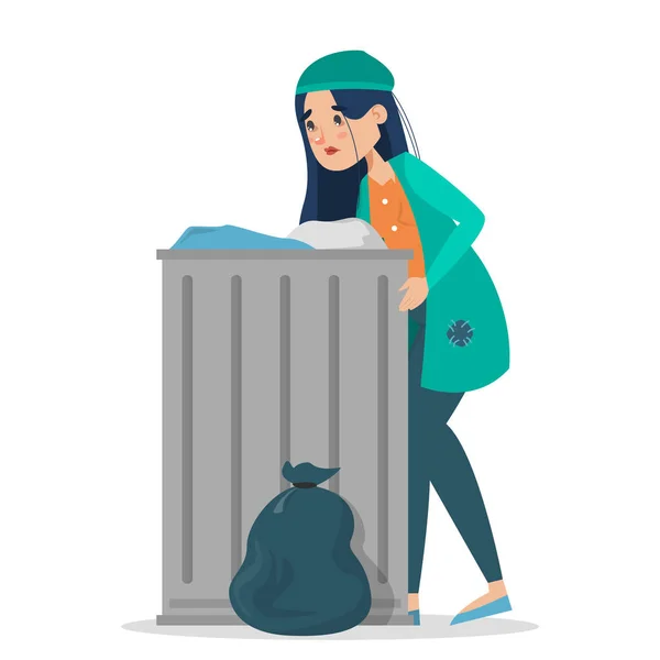 Femme sans abri en vêtements sales debout à la poubelle — Image vectorielle