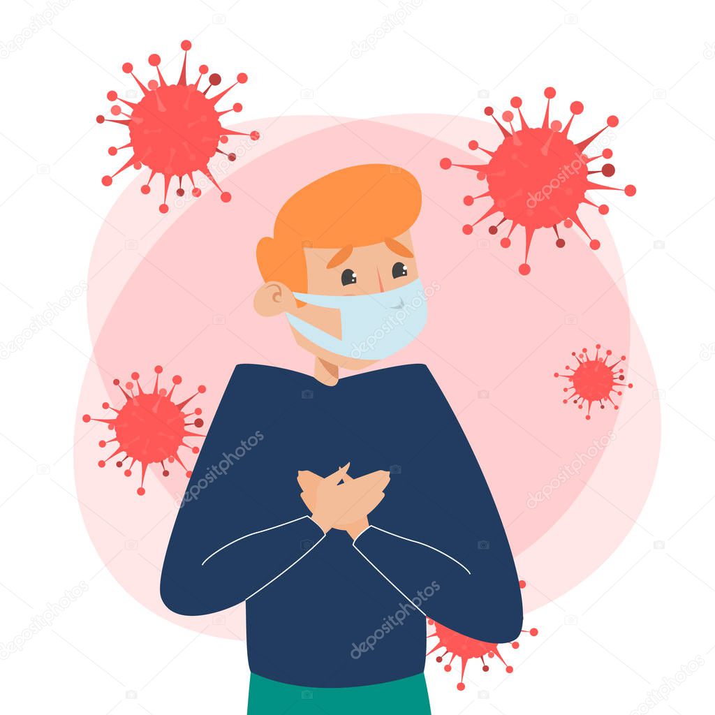 Man in mask surrounded by coronavirus vector isolated.