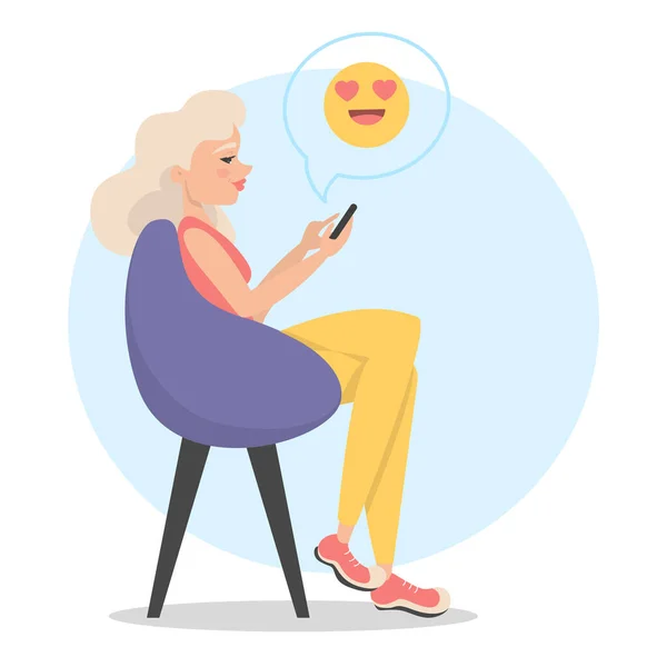 Mulher sentada na cadeira e conversando no celular —  Vetores de Stock
