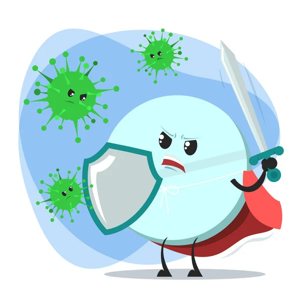 Valiente tableta con espada y escudo lucha contra virus y bacterias — Vector de stock