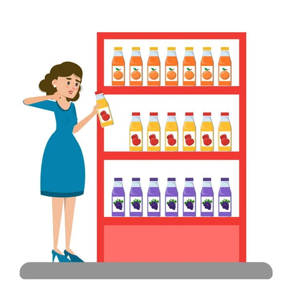 Kobieta wybrać sok w supermarkecie wektor izolowany. — Wektor stockowy