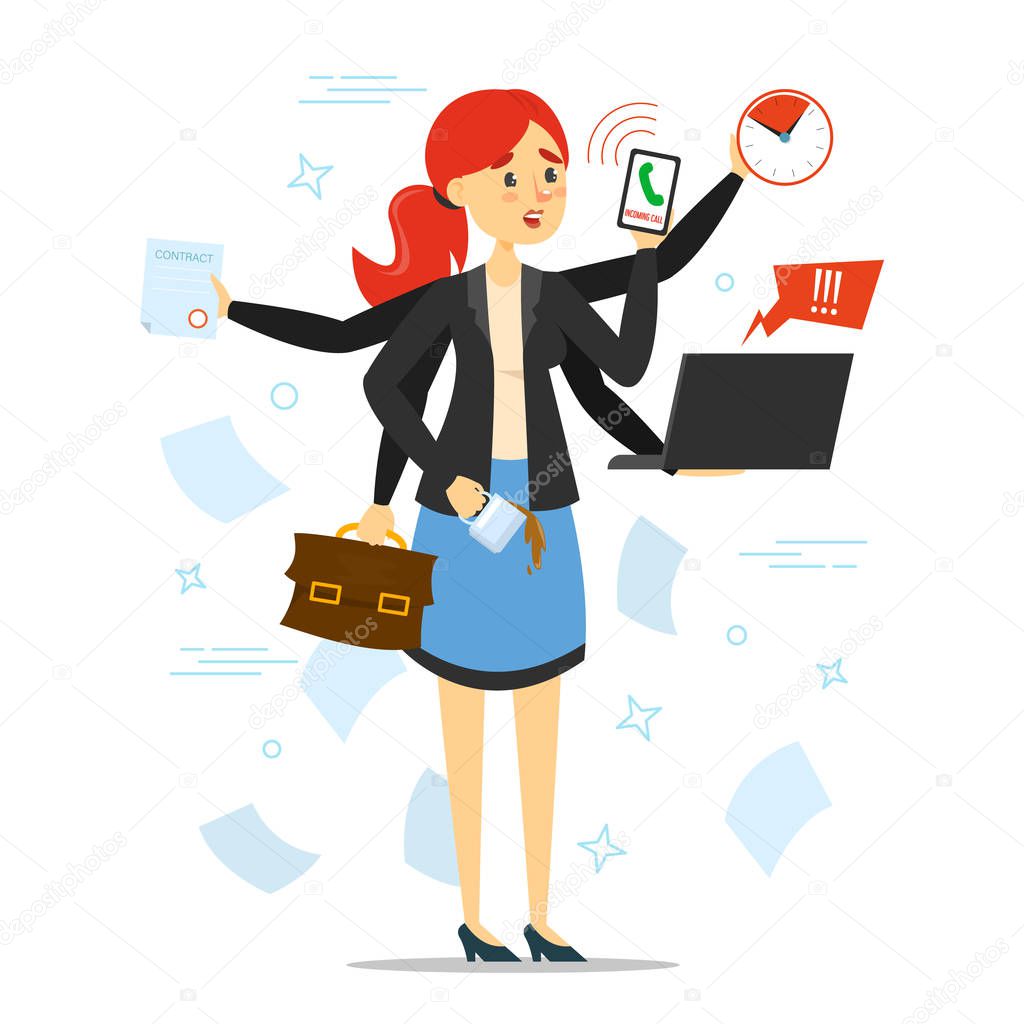 Busy woman trying to do many things at once vector