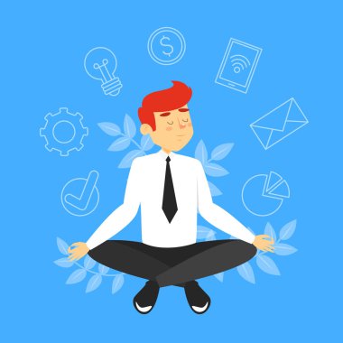Lotus 'taki işadamı meditasyon vektörü pozu veriyor. Çalışırken gevşemek. Profesyonel işçi eğitim konsantrasyonu.