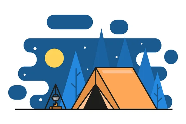夏令营采用平面矢量线条风格 夜间营火和帐篷 背景上的森林 户外活动 — 图库矢量图片