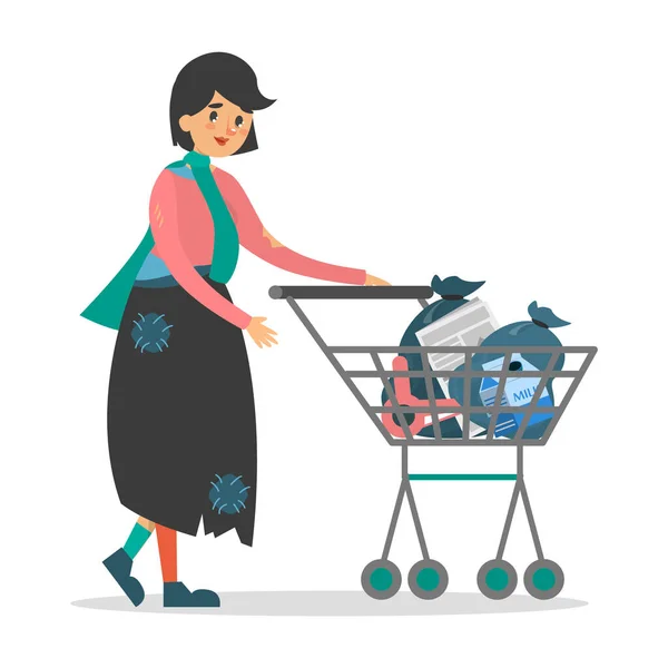 无家可归的女人和一个被隔离的购物车向量走在一起 穿着旧衣服和肮脏衣服的女人推着装满袋子和垃圾的推车 — 图库矢量图片