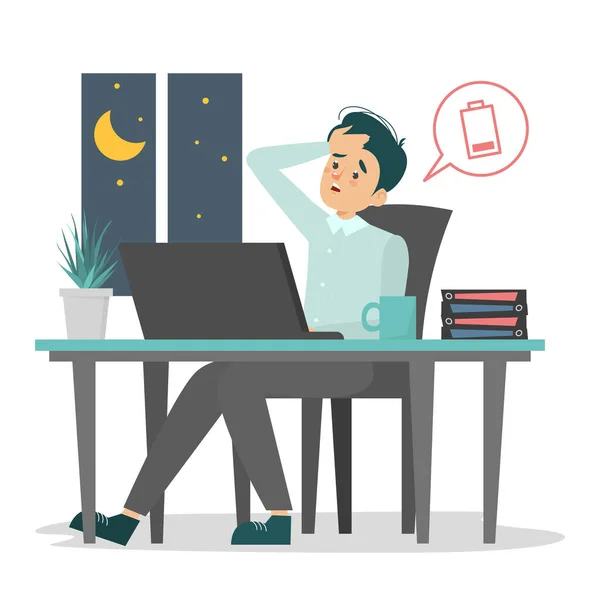 Trabajador Oficina Cansado Sentado Vector Escritorio Aislado Hombre Lugar Trabajo — Vector de stock