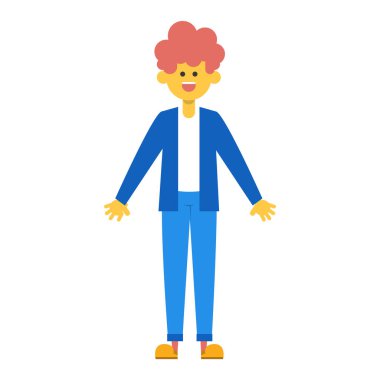 Sıradan kıyafet vektörü olan komik ve sevimli bir çocuk izole edilmiş. Düz stil bir çocuk. Gömlek ve pantolon giyen kişi..