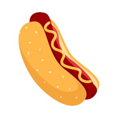 Lezzetli sosisli sandviç vektörü izole edilmiş. Fast food, sosis, hardal ve çörek. Kırmızı ketçap. Sağlıksız atıştırmalık.