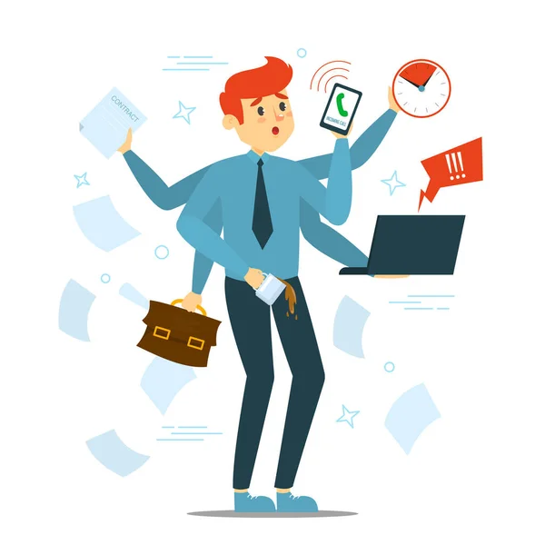 İzole edilmiş birçok şeyi aynı anda yapmaya çalışan meşgul bir adam. Stresli çoklu görev adamı ve son teslim tarihi. Telefon, dizüstü bilgisayar ve belgelerle çok çalışan erkek karakter. Çok iş var..