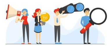 Megafonu, ampulü, büyüteci ve dürbünü olan bir grup iş adamı izole edildi. İş ekibi birlikte çalışsın..
