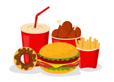 Lezzetli fast food vektörü izole edildi. Lezzetli burger, patates kızartması ve tavuk bacağı. Abur cubur koleksiyonu.