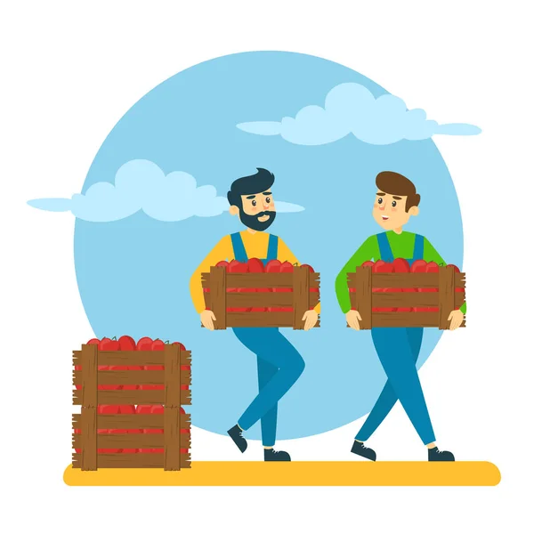 Two Men Carrying Apples Wooden Boxes Vector Isolated Gardener Fresh — Stock Vector