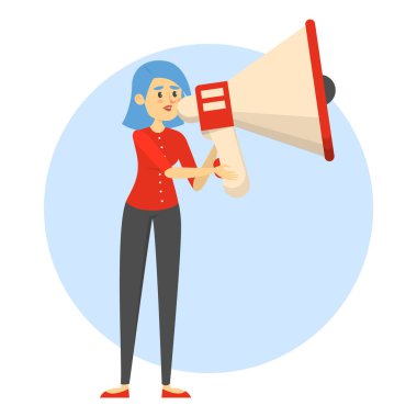 Megafon tutan ve duyuru vektörünü izole eden bir kadın. Kadın hoparlörden konuşuyor..