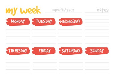 Haftalık planlama şablonu vektörü izole edildi. Hafta çizelgesi, basılabilir takvim. Pankarttaki renkli öge.