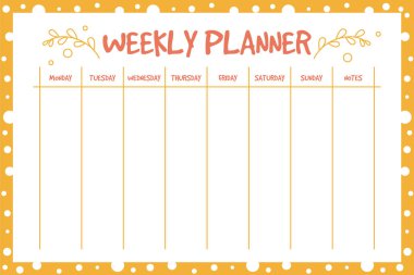 Haftalık planlayıcı sarı tasarım şablonu izole edildi. Hafta çizelgesi, basılabilir takvim. Pankarttaki renkli şirin öge.