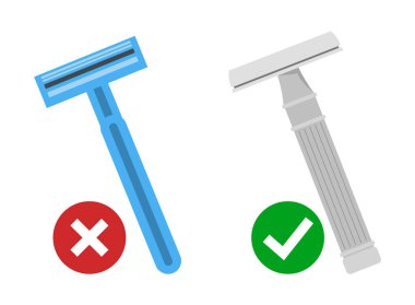 Plastik jiletten kurtul ve paslanmaz alet vektörünü kullan. Sıfır israf yaşam tarzı. Ekoloji dostu banyo ekipmanları.