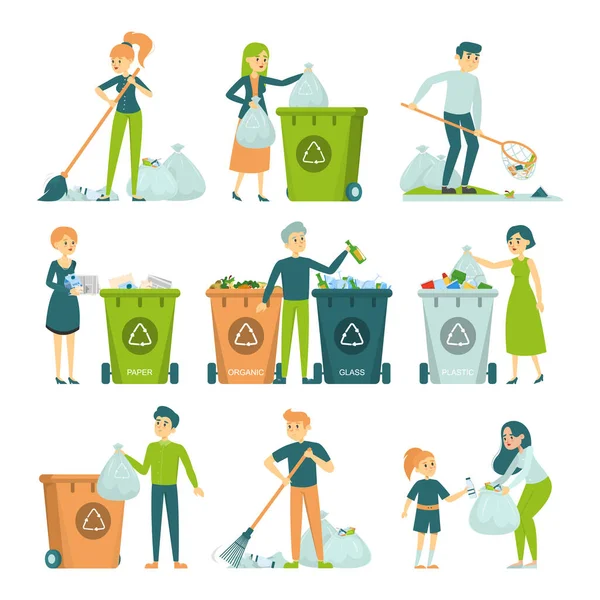 Çöp toplayan insanların toplanması izole edildi. Doğayı koru, insanlar atıkları, plastikleri, organikleri ve camları ayırır. Çöpleri süpüren kadın.