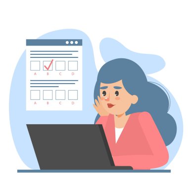 Online test vektörü izole edildi. Dizüstü bilgisayar kullanan bir kadın. Çevrimiçi inceleme, internette anket.