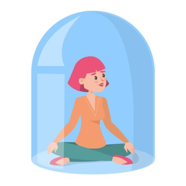 COVID-19 karantina vektörü izole edildi. Lotusta oturan kadın cam kapağın altında poz veriyor. Kendini koru ve evde kal. 2020 'de salgın hastalık.