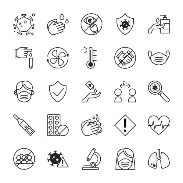 Набор иконок коронавируса. Векторная изолированная коИлекция пиктограмм. Медицинская маска, бактерии и вирус. Защита от гриппа и холода
.