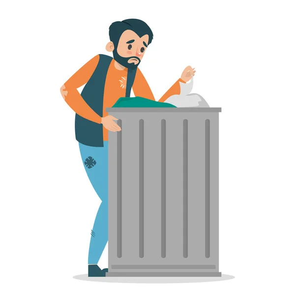 Homem Sem Teto Com Roupas Sujas Lixo Pode Vector Isolado —  Vetores de Stock