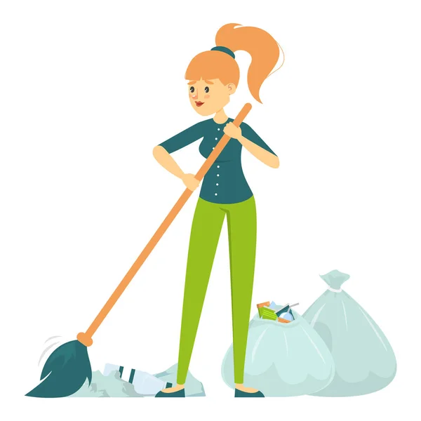 Female Volunteer Sweeping Vector Isolated Cleaner Working Collecting Garbage Streets — Stock Vector