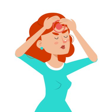 Genç kadın, izole edilmiş baş ağrısı çekiyor. Baş ağrısından kaynaklanan stres. Başını tutan kadın karakter, üzgün yüz ifadesi..