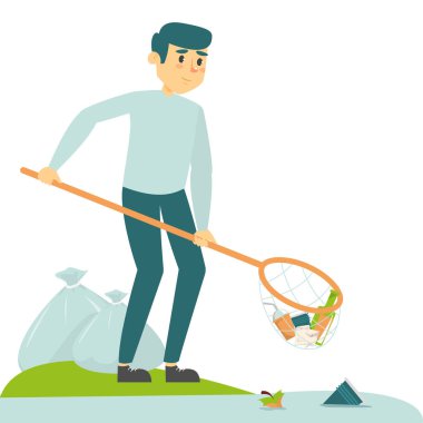 İnsan su vektöründeki çöpleri izole eder. Çevre koruma, gezegeni plastikten kurtarmak. Çöp torbası..