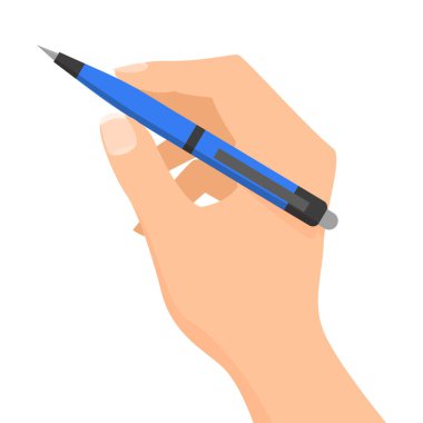 Elinde mavi bir kalem vektörü var. Ofis malzemeleri ve okul malzemeleri. El yazısı aracı.