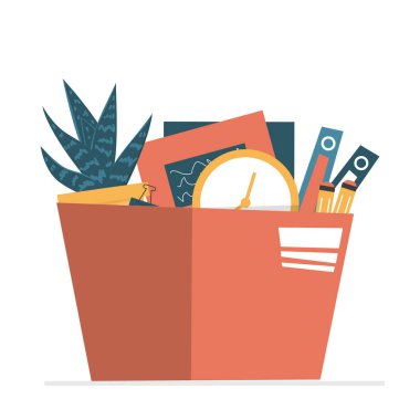 Görevden alınan personel vektörünün eşyalarının olduğu kutu izole edildi. Küresel kriz ve işsizlik fikri. Tesis, belgeler ve kişisel aksesuarlarla dolu bir paket..
