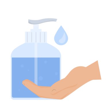 El ve sıvı sabun vektörü izole edildi. Kişisel hijyen ve sağlık koruma fikri. Antibakteriyel ekipman, plastik şişe dezenfektan..