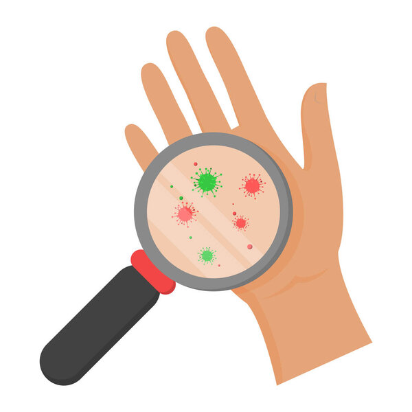 Dirty hand vector isolated. Microbes on the hand palm are visible through magnifier glass. Risk of infection, personal hygiene.