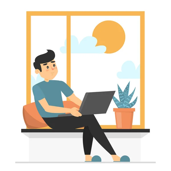Jovem Feliz Sentado Janela Trabalhando Vetor Isolado Freelancer Com Laptop — Vetor de Stock