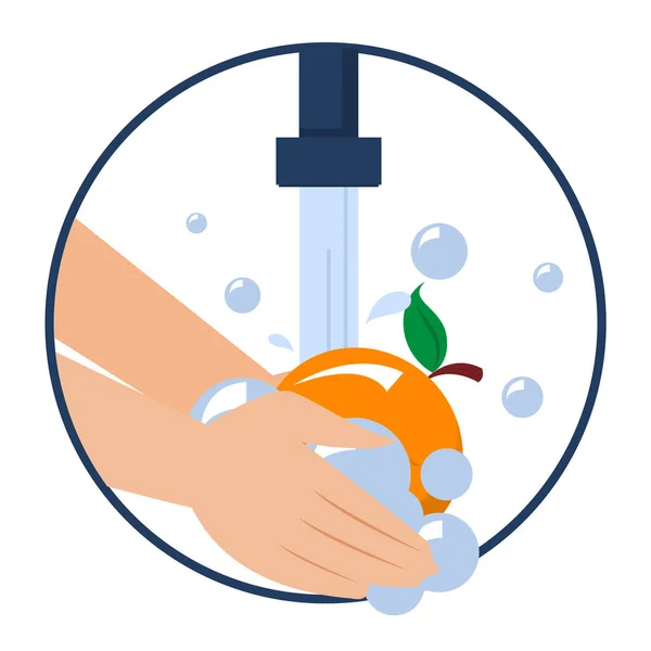 手洗いオレンジベクトル分離 コンセプトを食べる前に果物や野菜を洗う 健康的なライフスタイルのヒント 水と石鹸でオレンジをきれいにする — ストックベクタ