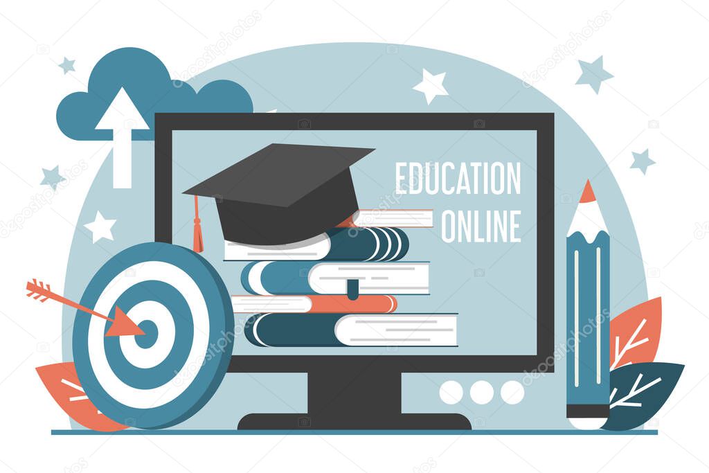 Online education concept vector isolated. E-learning, communication in internet. Teaching worldwide. Book stack and graduation cap on computer monitor.