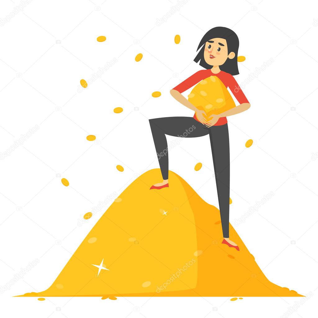 Happy rich businesswoman standing on golden mountain of coins vector isolated. Financial success, wealth. Girl holding coin pile. Economy and banking concept.