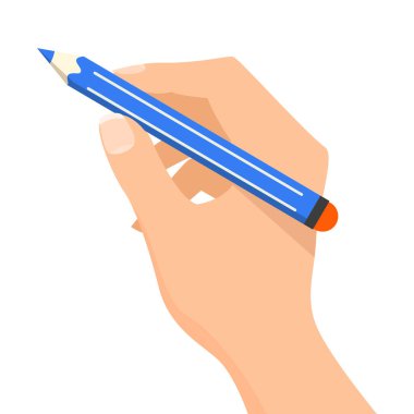 El ele tutuşan mavi kalem vektörü izole edildi. Ofis malzemeleri ve okul malzemeleri. El yazısı aracı.