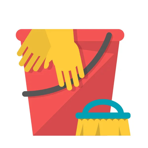 赤いプラスチック製のバケツ 黄色の手袋とブラシベクトルは隔離された 掃除機だ 家事労働の概念 家庭衛生 — ストックベクタ