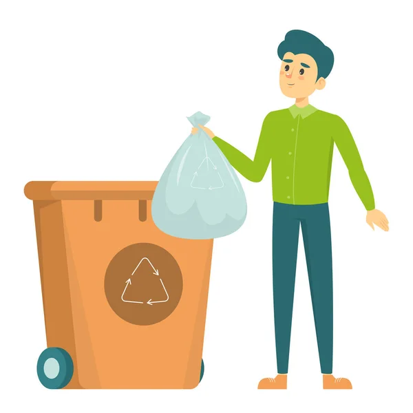 Man Throw Plastic Bag Garbage Trash Bin Vector Isolated Plastic — Stock Vector