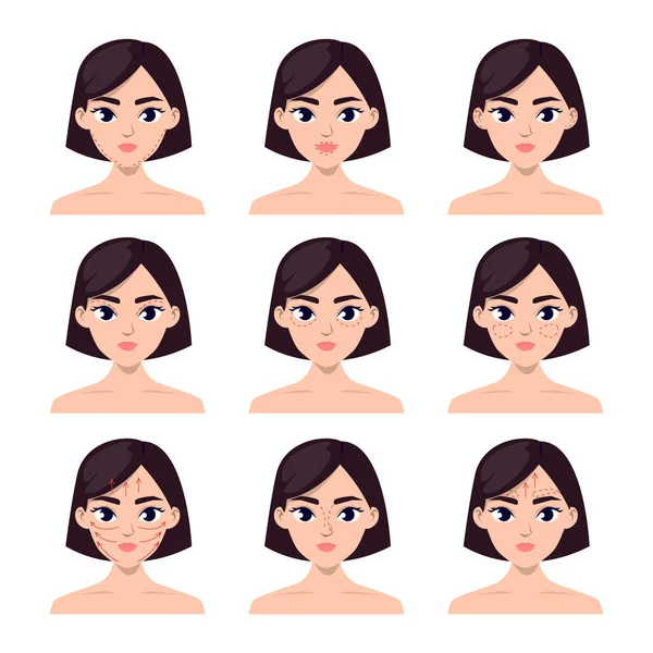 Set Von Weiblichen Gesichtern Mit Plastischen Chirurgie Linien Vektor Isoliert — Stockvektor