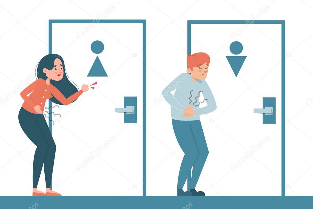 People with a diarrhea waiting at the toilet door vector isolated. Man and woman with pain in stomach. Belly disease. Person needs to get to the toilet.