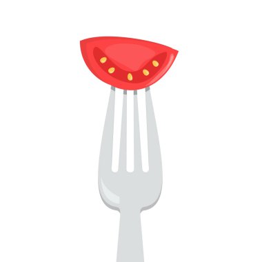 Çatal vektöründeki domates izole edildi. Kafe ve restoran menüsü için. Sağlıklı ve lezzetli yemekler. Vejetaryen ve vejetaryen karışımı..