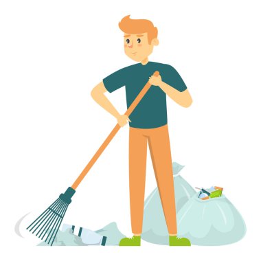 Erkek gönüllü arama vektörü izole edildi. Temizlikçi çalışıyor. Sokaktaki çöpleri poşetlerle topluyorlar. Ekoloji dostu yaşam tarzı.