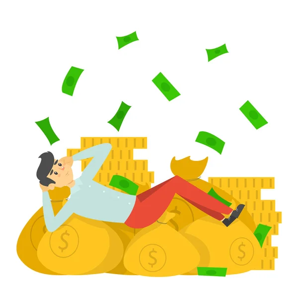 快乐的富人躺在钱袋上孤立无援 成功的商人 金融和投资的概念 — 图库矢量图片