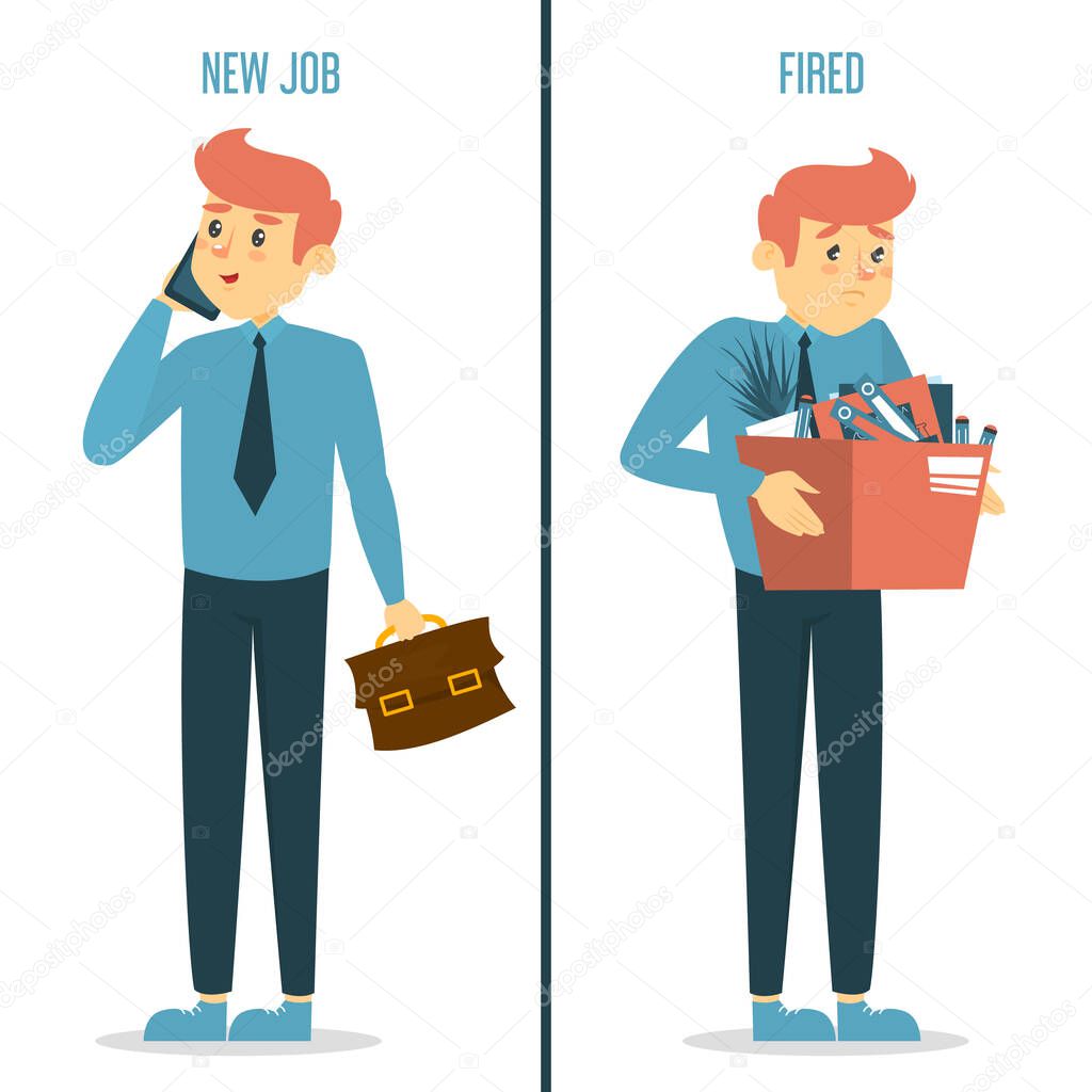 New job vs fired concept. Happy man on new work and sad dismissed guy with box. Idea of unemployment and crisis. Employee under stress.