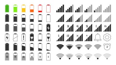 Batarya, kablosuz ağ ve mobil sinyal ikonu koleksiyonu. Vektör izole edilmiş cihaz işaretleri. Düşük ve iyi bir internet sinyali. Kablosuz teknoloji.
