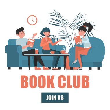 Kitap kulübü web pankartı konsepti. Bir grup insan kafede oturuyor ve izole edilmiş bir kitap vektörünü tartışıyor. Kadın ve erkek ellerinde kitap tutuyor ve okuyorlar..