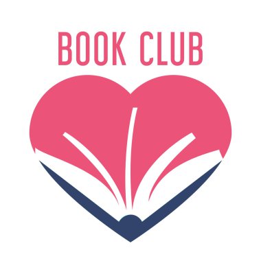 Kitap kulübü vektörü için renkli logo izole edildi. Birlikte kitap okuyun. Basit stil, düz logotin tasarımı. Eğitim konsepti. Kalp şeklinde, kitap severler..