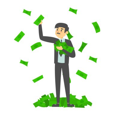 Çevresine düşen yeşil banknotları tek başına yakalıyor. Başarılı bir insan, finansal zenginlik. Binlerce para birimi..