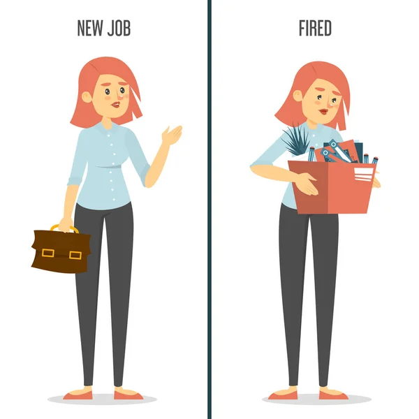 New Job Fired Concept Happy Woman New Work Sad Dismissed — Stock Vector